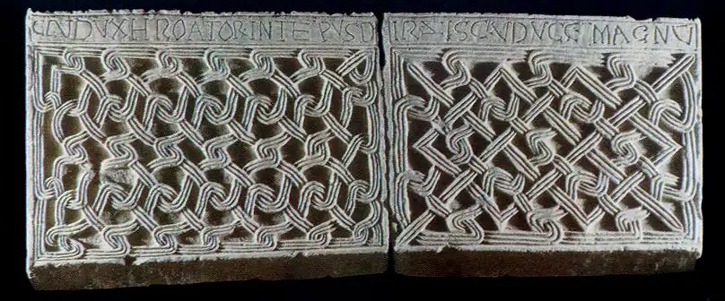 Inscription of Stephen Držislav of Croatia, an example of the three-strand Croatian interlace, 10th century, stone, Croatian Institute of History, Zagreb, Croatia
