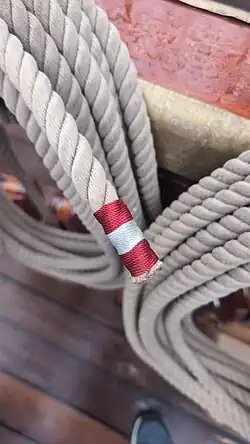 A common whipping knot on the BAP Unión using the colors of the flag of Peru.